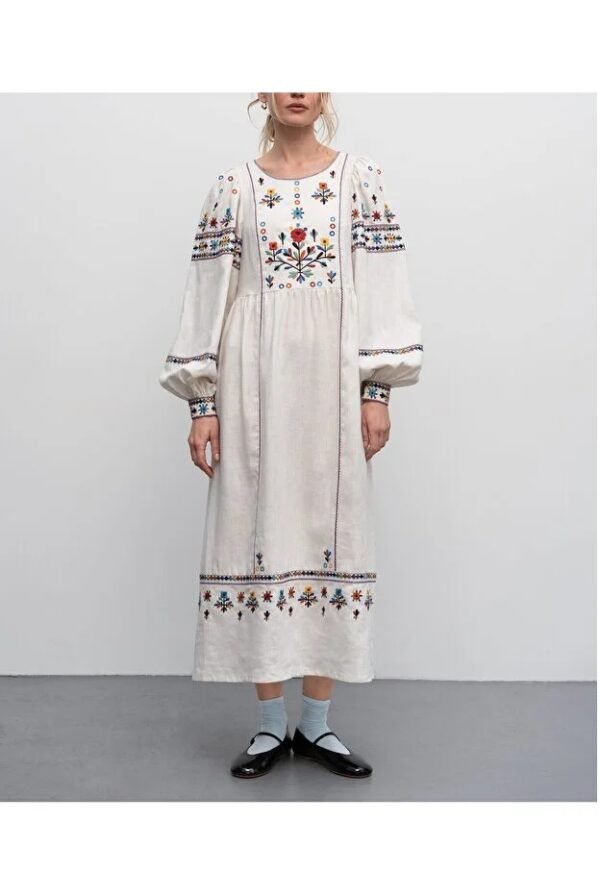 Colorful Ethnic Embroidered Linen Dress