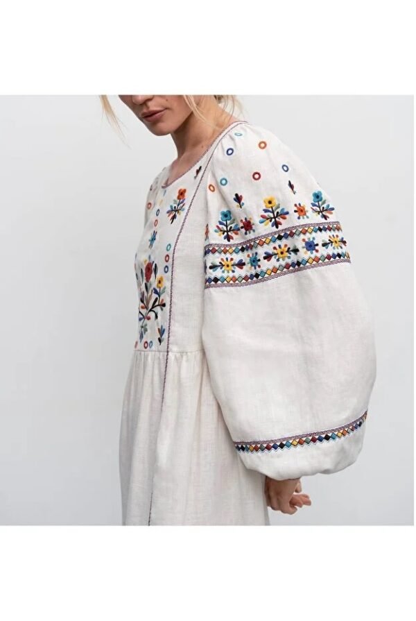 Colorful Ethnic Embroidered Linen Dress