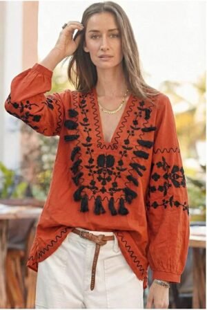 Women's V-Neck Embroidered Blouse