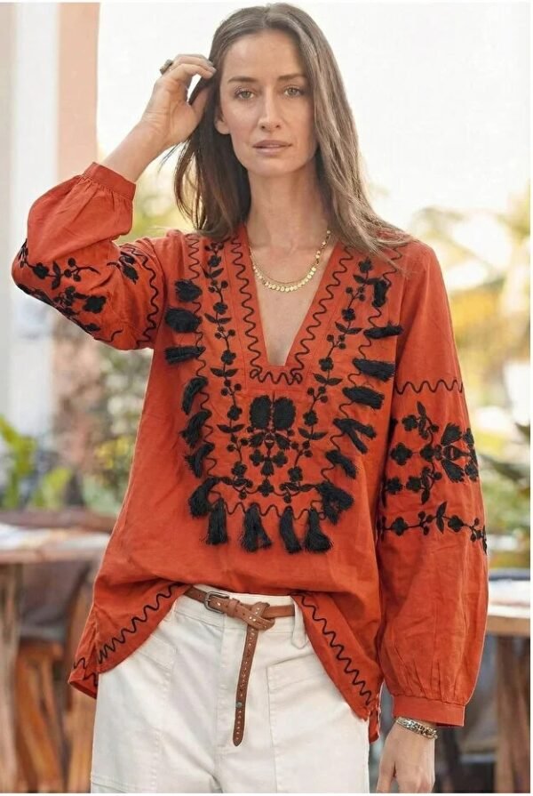 Women's V-Neck Embroidered Blouse
