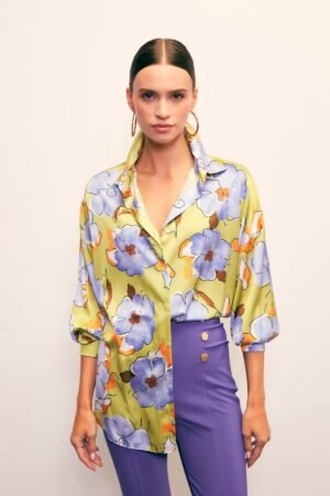 cicek-desenli-oversize-gomlek-olive-c37552 Floral Print Oversized Shirt