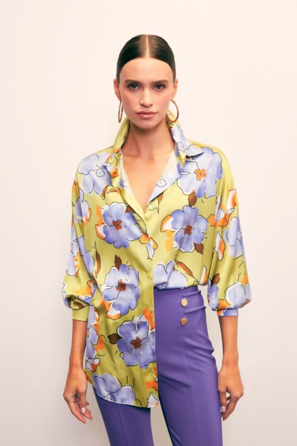 cicek-desenli-oversize-gomlek-olive-c37552 Floral Print Oversized Shirt