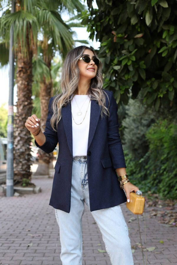 lacivert-yun-efekt-blazer_64fc9f3f43652 Classic Navy Blue Single Button Tailored Blazer