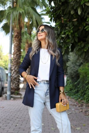 lacivert-yun-efekt-blazer_64fc9f3f46286 Classic Navy Blue Single Button Tailored Blazer