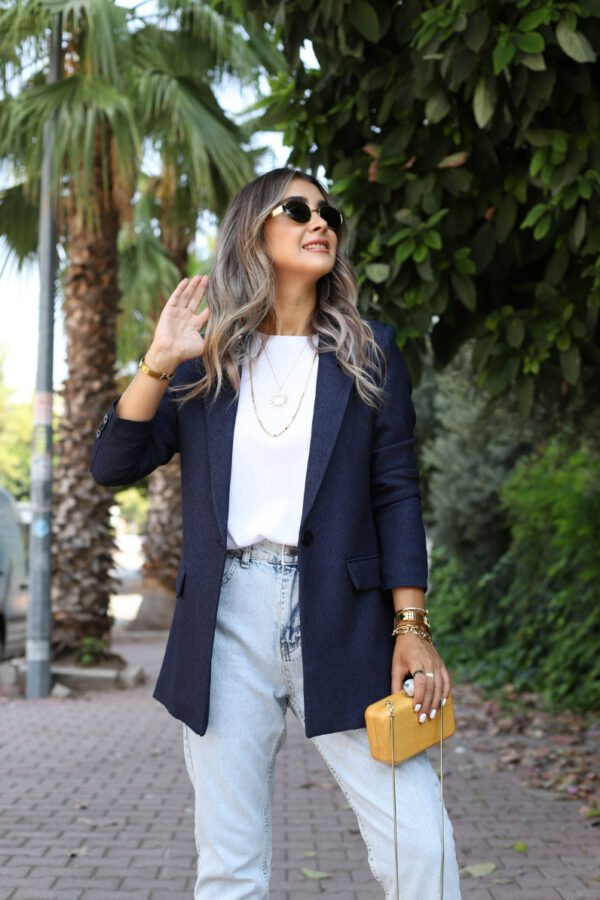 lacivert-yun-efekt-blazer_64fc9f3f4c0bd Classic Navy Blue Single Button Tailored Blazer