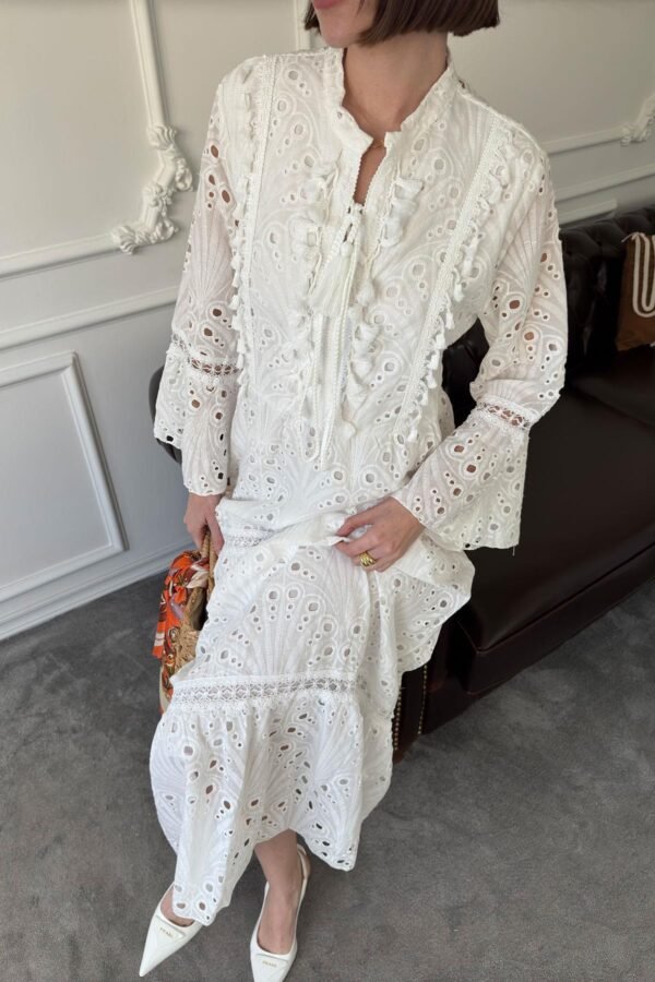 oversize-nakisli-puskullu-elbise-ekru--44ce- Long Sleeve Embroidered Summer Dress in Ecru