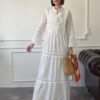 oversize-nakisli-puskullu-elbise-ekru-673-83 Long Sleeve Embroidered Summer Dress in Ecru