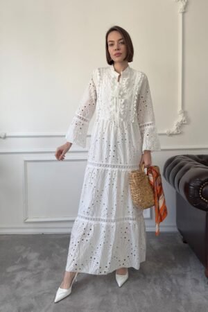 oversize-nakisli-puskullu-elbise-ekru-673-83 Long Sleeve Embroidered Summer Dress in Ecru