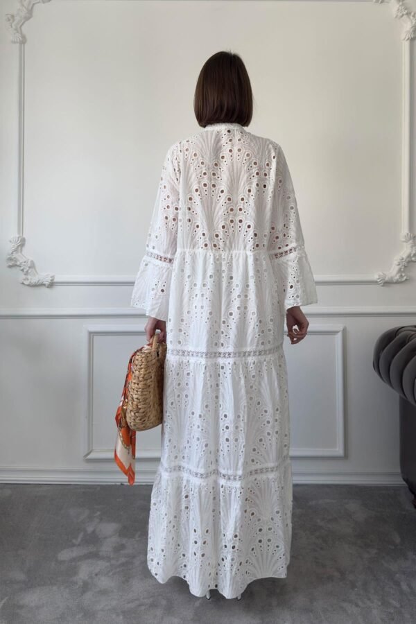 oversize-nakisli-puskullu-elbise-ekru-740515 Long Sleeve Embroidered Summer Dress in Ecru
