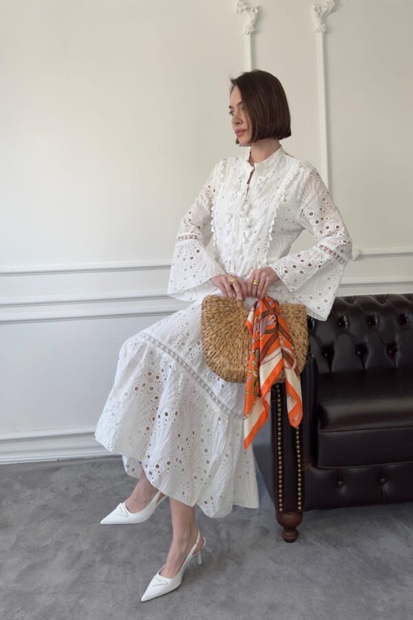 oversize-nakisli-puskullu-elbise-ekru-a1d7-3 Long Sleeve Embroidered Summer Dress in Ecru