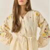 Floral Embroidery V-Neck Blouse with Waist Tie