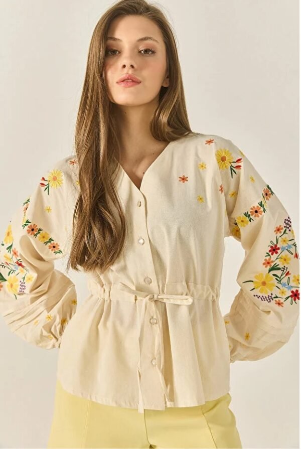Floral Embroidery V-Neck Blouse with Waist Tie