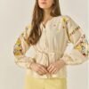 Floral Embroidery V-Neck Blouse with Waist Tie