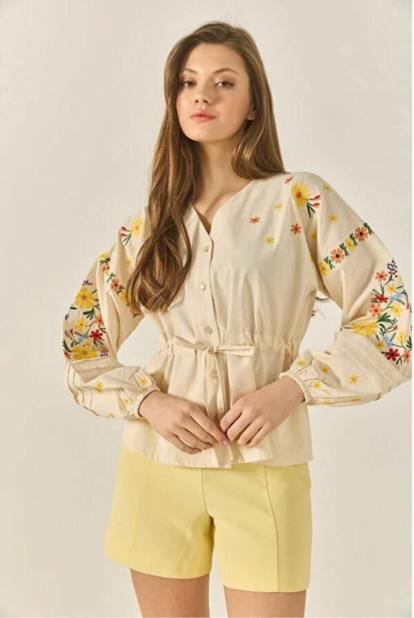 Floral Embroidery V-Neck Blouse with Waist Tie
