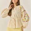 Floral Embroidery V-Neck Blouse with Waist Tie