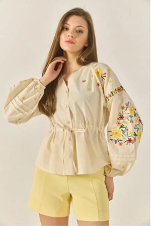 Floral Embroidery V-Neck Blouse with Waist Tie
