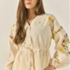 Floral Embroidery V-Neck Blouse with Waist Tie