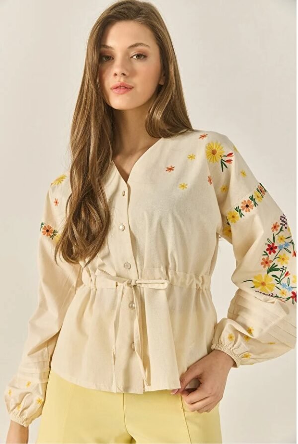 Floral Embroidery V-Neck Blouse with Waist Tie
