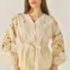 Floral Embroidery V-Neck Blouse with Waist Tie