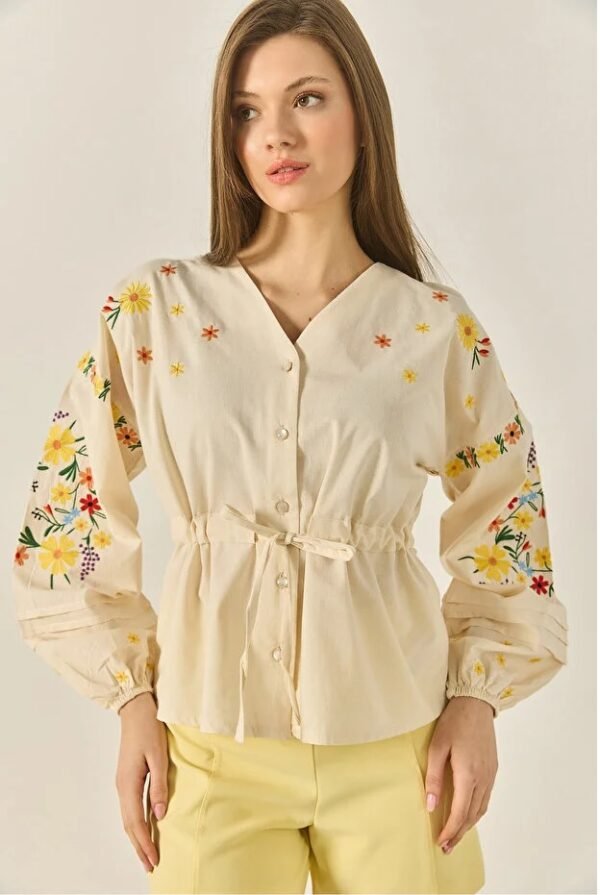 Floral Embroidery V-Neck Blouse with Waist Tie
