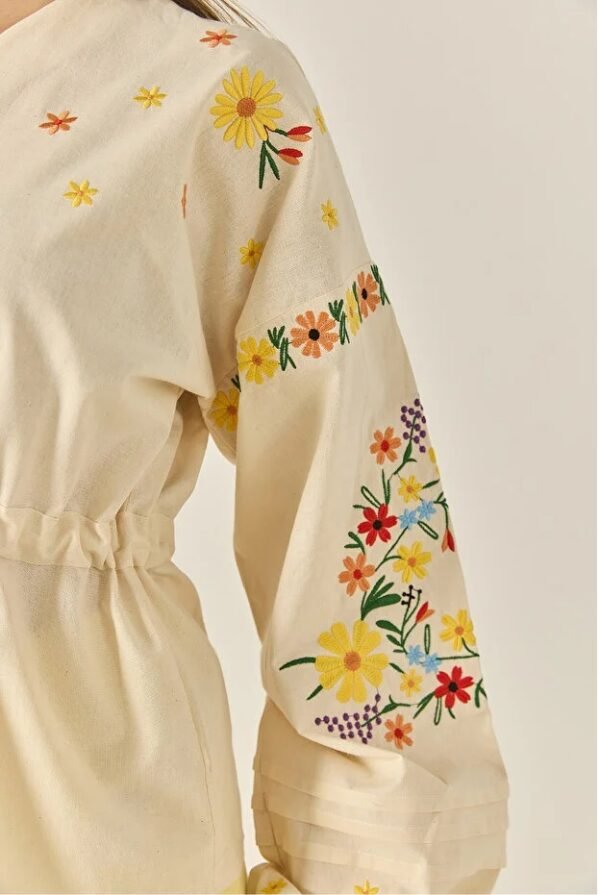 Floral Embroidery V-Neck Blouse with Waist Tie