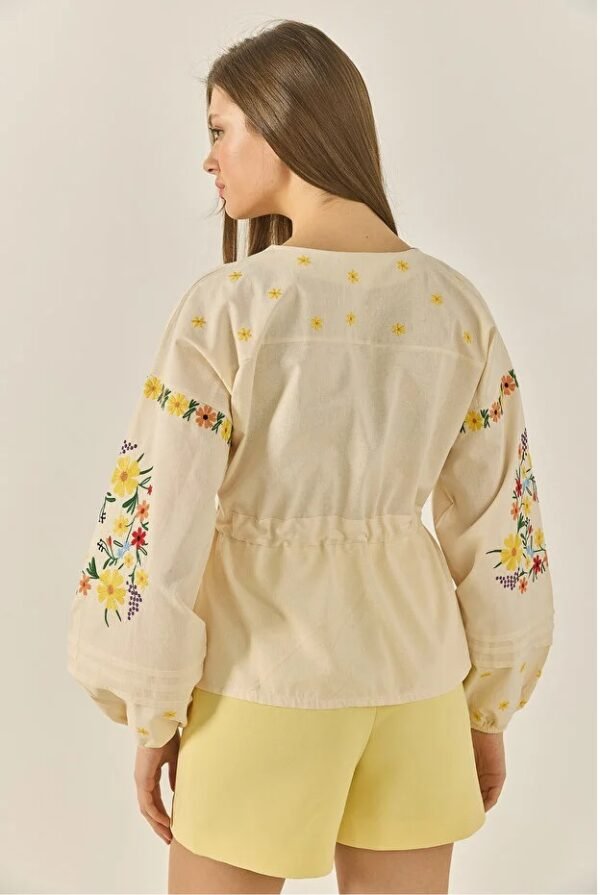 Floral Embroidery V-Neck Blouse with Waist Tie