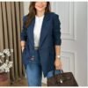 Quiet Luxury Navy Blue Wool-Look Blazer
