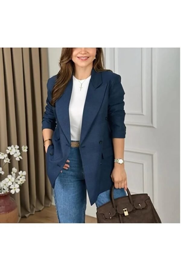 Quiet Luxury Navy Blue Wool-Look Blazer