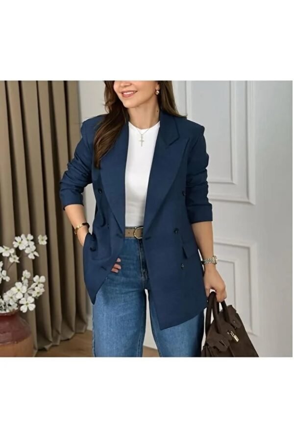 Quiet Luxury Navy Blue Wool-Look Blazer