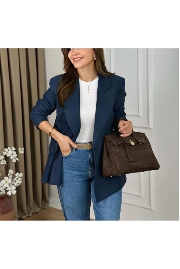 Quiet Luxury Navy Blue Wool-Look Blazer