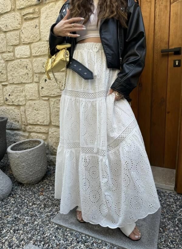 White Eyelet Embroidered Tiered Maxi Skirt