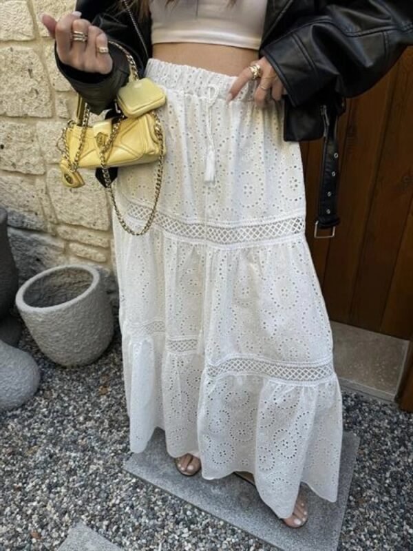 White Eyelet Embroidered Tiered Maxi Skirt