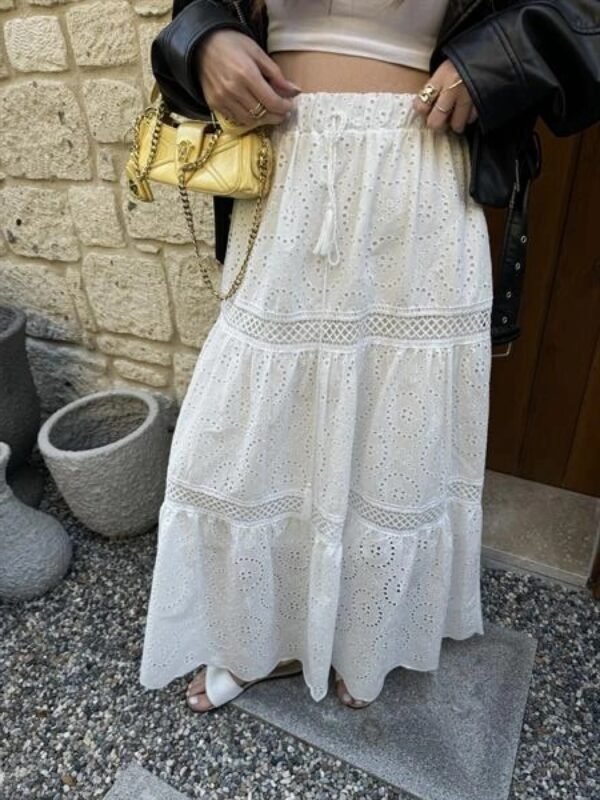 White Eyelet Embroidered Tiered Maxi Skirt
