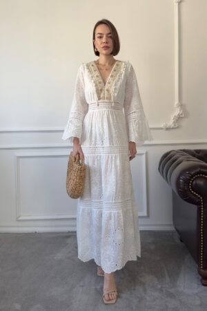 White Lace Embroidered Long Dress