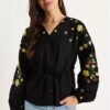 Relaxed Fit Embroidered Tie-Waist Top
