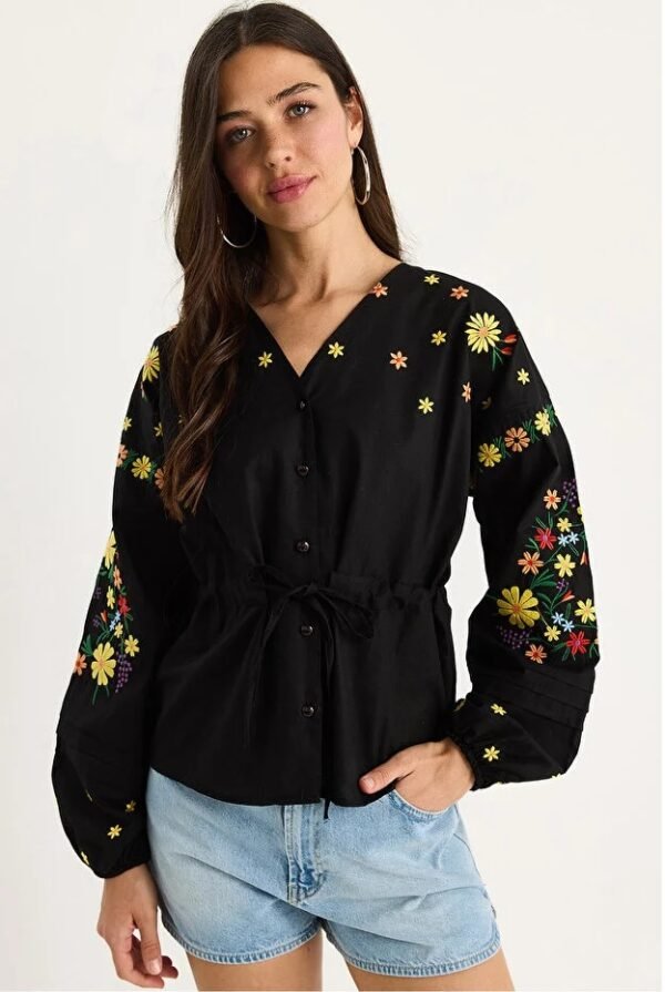Relaxed Fit Embroidered Tie-Waist Top