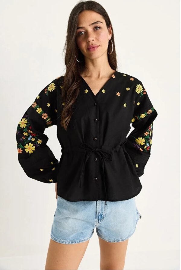 Relaxed Fit Embroidered Tie-Waist Top
