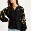 Relaxed Fit Embroidered Tie-Waist Top