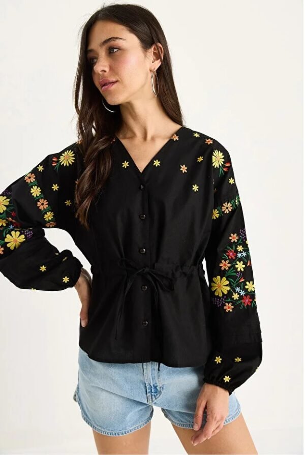 Relaxed Fit Embroidered Tie-Waist Top