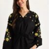 Relaxed Fit Embroidered Tie-Waist Top