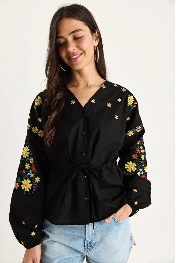 Relaxed Fit Embroidered Tie-Waist Top