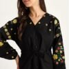 Relaxed Fit Embroidered Tie-Waist Top