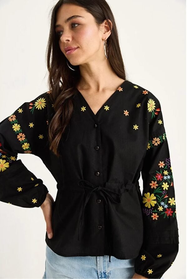 Relaxed Fit Embroidered Tie-Waist Top
