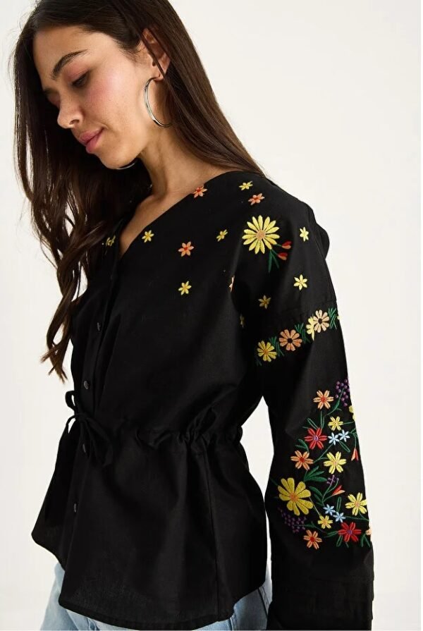 Relaxed Fit Embroidered Tie-Waist Top