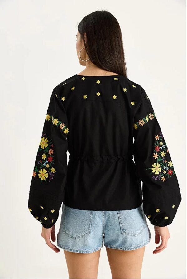 Relaxed Fit Embroidered Tie-Waist Top