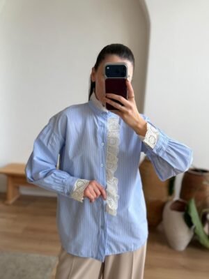 Women's Pinstripe Shirt with Guipure Lace